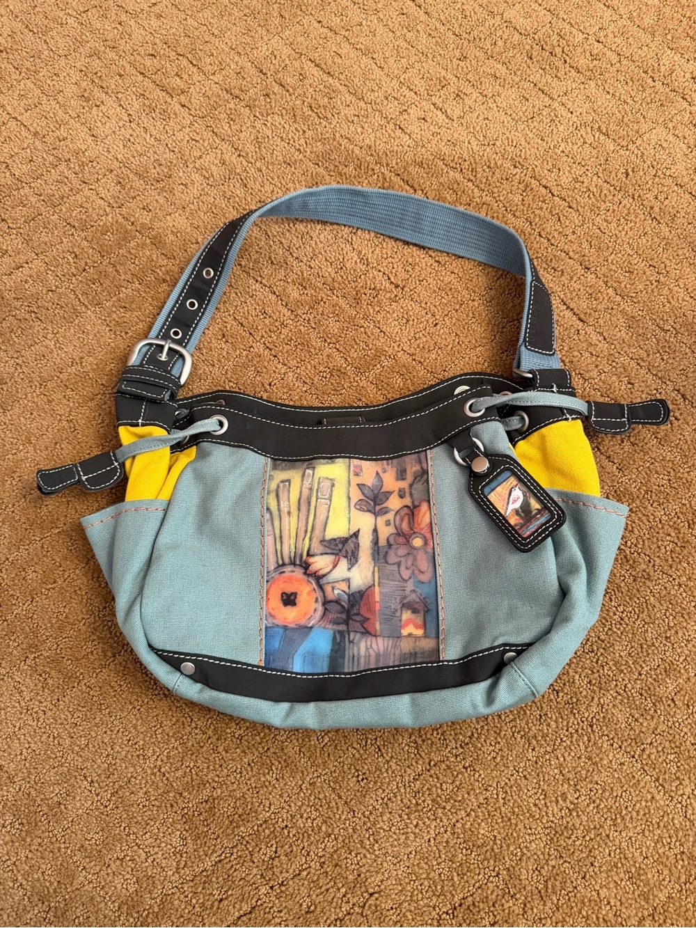 Sherpani Blue and Yellow Shoulder Bag with Artistic Front Panel